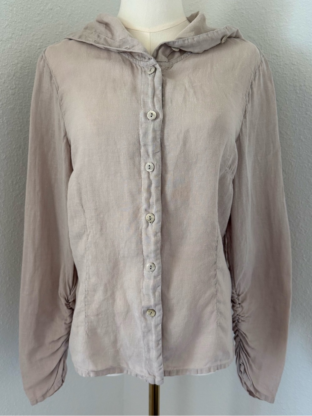 GRIZAS 100% Linen Hooded Button-Up Shirt Jacket Ruched Sleeve Natural Size Small